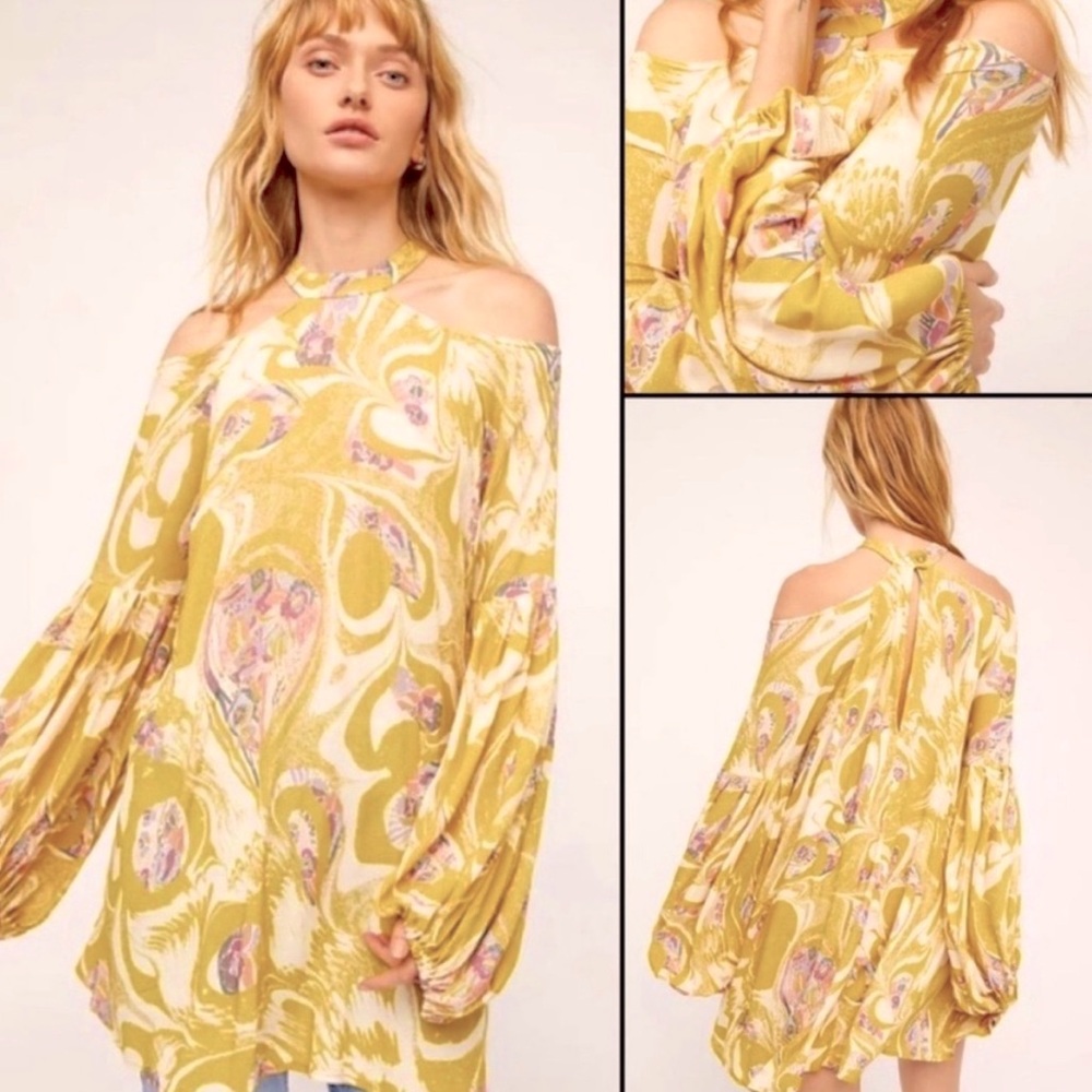 Free People Yellow and Pink Off-Shoulder Top
